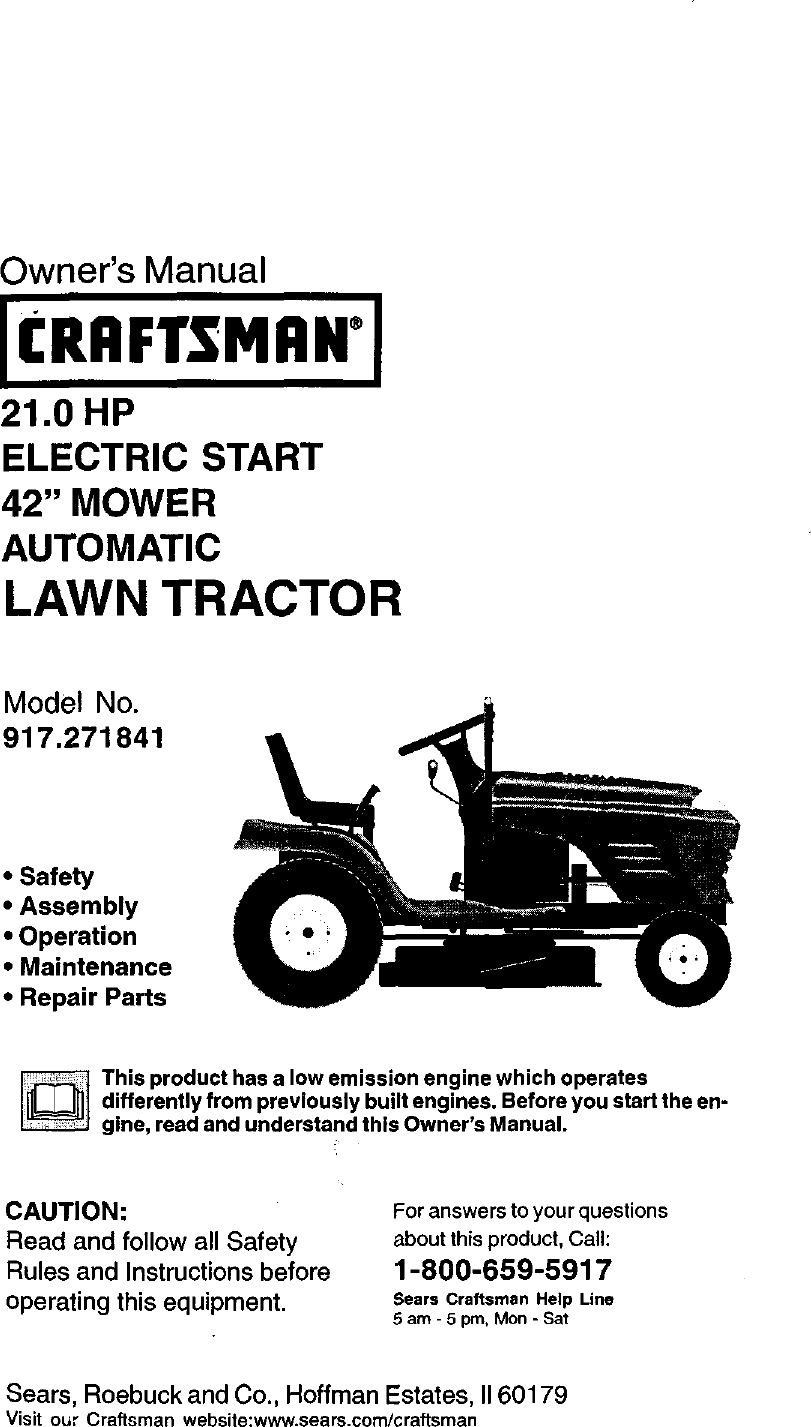 Craftsman lawn tractor 917.288516 user manual